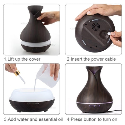 Aroma Essential Oil Diffuser Ultrasonic Air Humidifier with Wood Grain 7 Color Changing LED Lights for Office Home 400ml