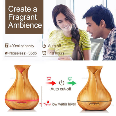 Aroma Essential Oil Diffuser Ultrasonic Air Humidifier with Wood Grain 7 Color Changing LED Lights for Office Home 400ml